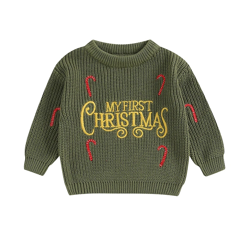 Newborn Baby Girls Boys Christmas Sweaters Long Sleeve Round Neck Candy Letter Embroidery Knit Pullovers Infant Jumper Tops Neutral Baby Boutique