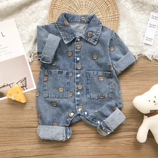 Korean Style Spring Autumn Baby Girl Boy Rompers Cartoon Bear Turn-down Collar Long Sleeve Denim Jumpsuit Newborn Clothes E2217 Neutral Baby Boutique
