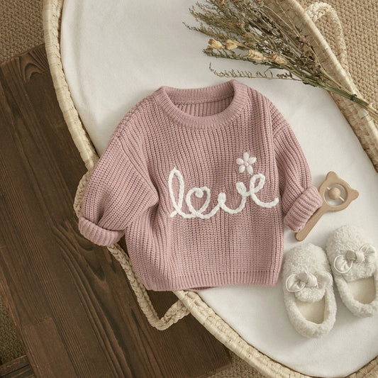 Ma&baby 6M-3Y Infant Toddler Newborn Baby Girl Sweaters Fall Winter Knit Long Sleeve Letter Flower Pullover Valentine's Day Tops Neutral Baby Boutique