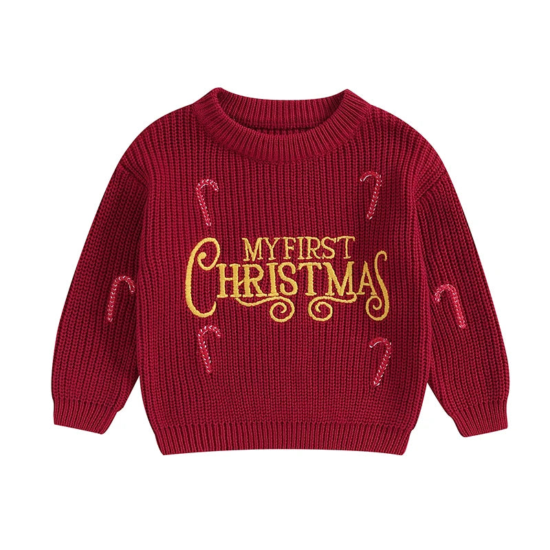 Newborn Baby Girls Boys Christmas Sweaters Long Sleeve Round Neck Candy Letter Embroidery Knit Pullovers Infant Jumper Tops Neutral Baby Boutique