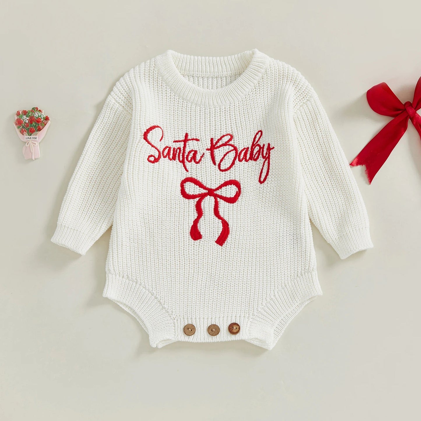 Pudcoco Baby Girl Christmas Romper Loose Fit Letter Bow Embroidery Ribbed Long Sleeve Infant Winter Sweater Neutral Baby Boutique