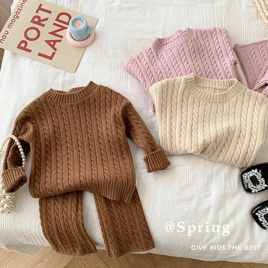 0-4Yrs Baby Clothes Sets Knitted Cotton Autumn Newborn Boy Girl Infant Clothing Tops And Pants Knitted Sweater Baby Pajamas Sets Neutral Baby Boutique