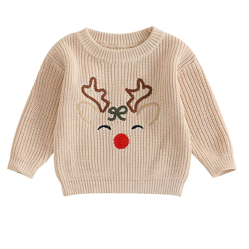 Newborn Baby Girls Boy Sweater Reindeer Embroidery Long Sleeve Pullover 2024 Fall Winter Baby Clothes Christmas Jumpers Top Neutral Baby Boutique
