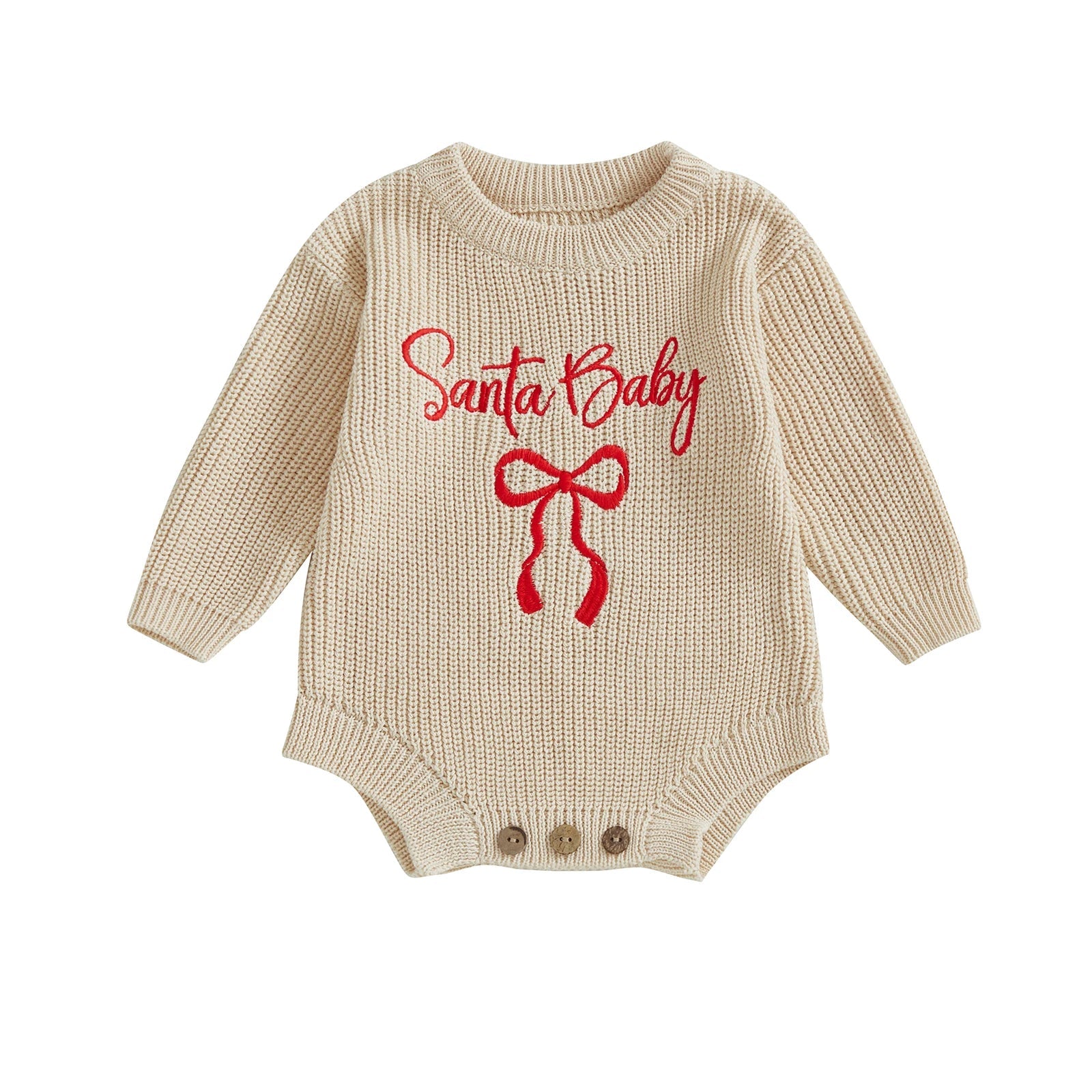 Pudcoco Baby Girl Christmas Romper Loose Fit Letter Bow Embroidery Ribbed Long Sleeve Infant Winter Sweater Neutral Baby Boutique