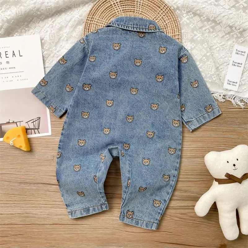 Korean Style Spring Autumn Baby Girl Boy Rompers Cartoon Bear Turn-down Collar Long Sleeve Denim Jumpsuit Newborn Clothes E2217 Neutral Baby Boutique