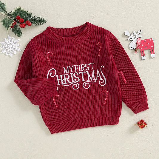 Newborn Baby Girls Boys Christmas Sweaters Long Sleeve Round Neck Candy Letter Embroidery Knit Pullovers Infant Jumper Tops Neutral Baby Boutique
