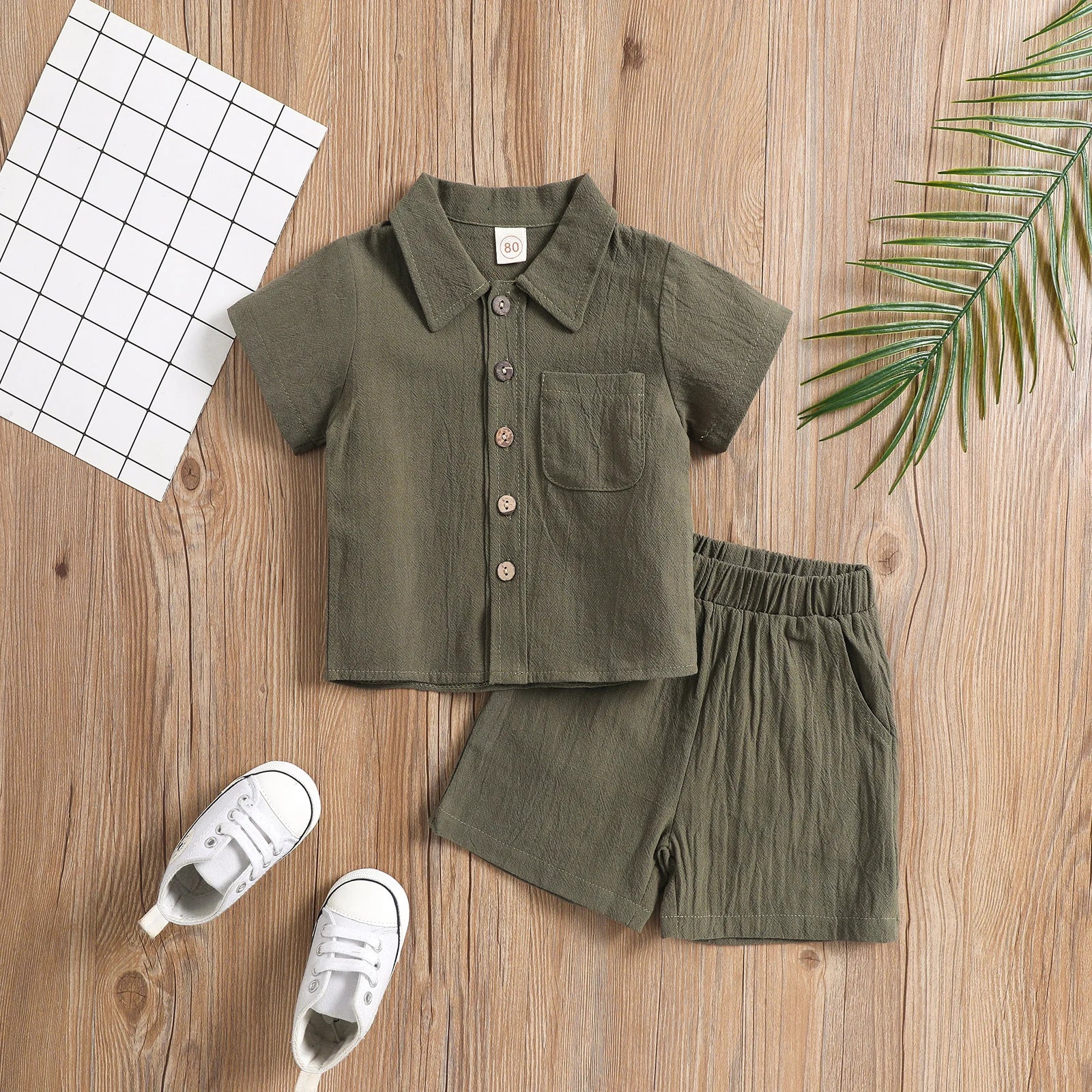 Toddler Baby Boys Clothes Set Summer Outfit Solid Color Short Sleeve Lapel Neck Shirt Top+Casual Shorts 6M-4Y Neutral Baby Boutique
