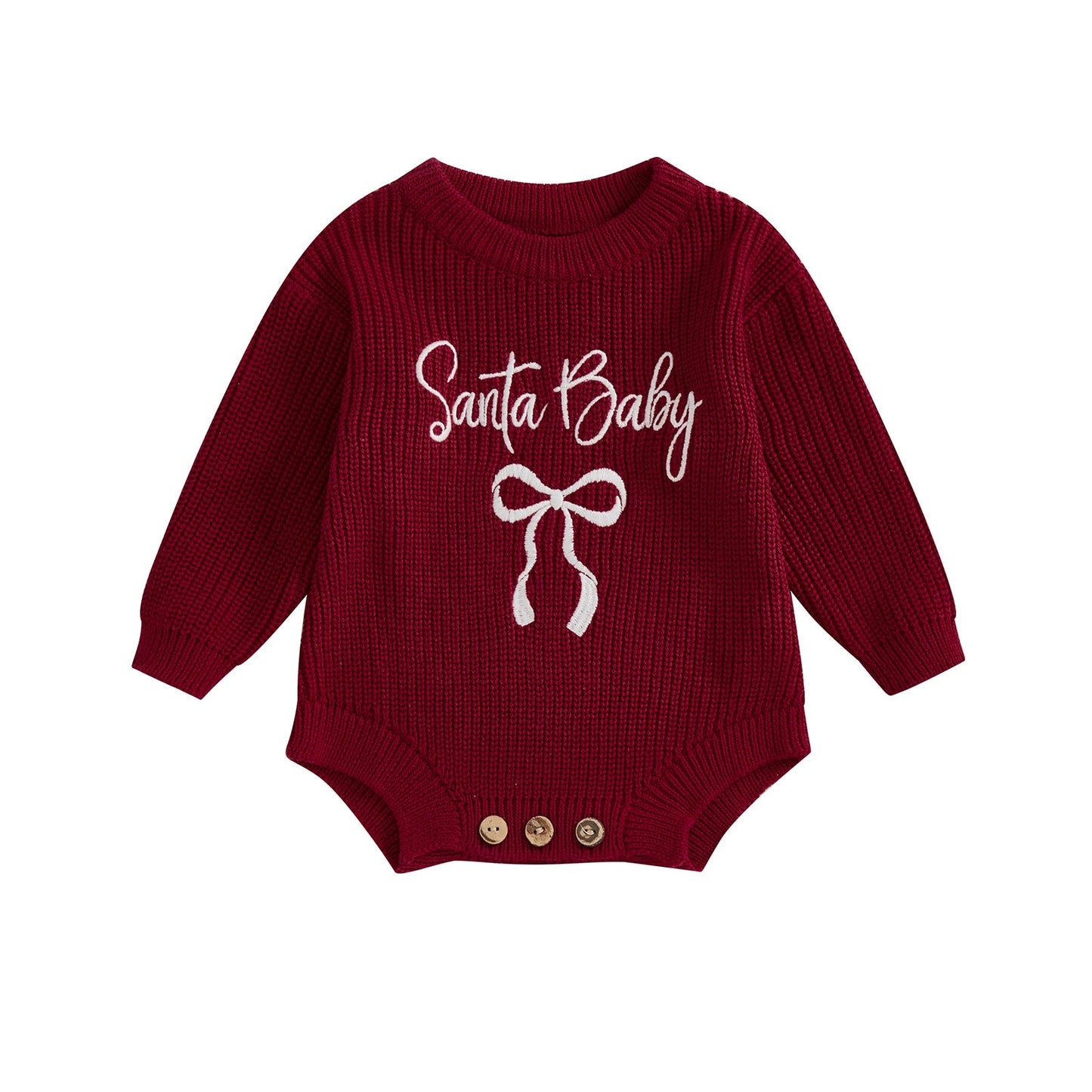 Pudcoco Baby Girl Christmas Romper Loose Fit Letter Bow Embroidery Ribbed Long Sleeve Infant Winter Sweater Neutral Baby Boutique