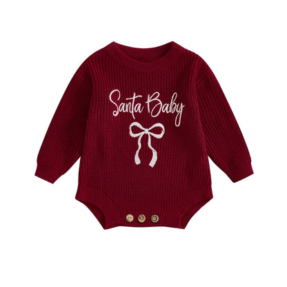 Pudcoco Baby Girl Christmas Romper Loose Fit Letter Bow Embroidery Ribbed Long Sleeve Infant Winter Sweater Neutral Baby Boutique