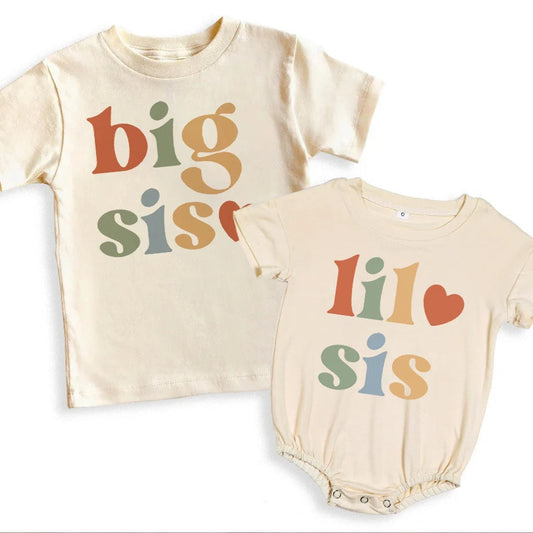 Big Brother Little Sister Printed Shirt Retro Sibling Matching Clothes Kids Short Sleeve T-shirt Tops Baby Large Bubbles Romper Neutral Baby Boutique