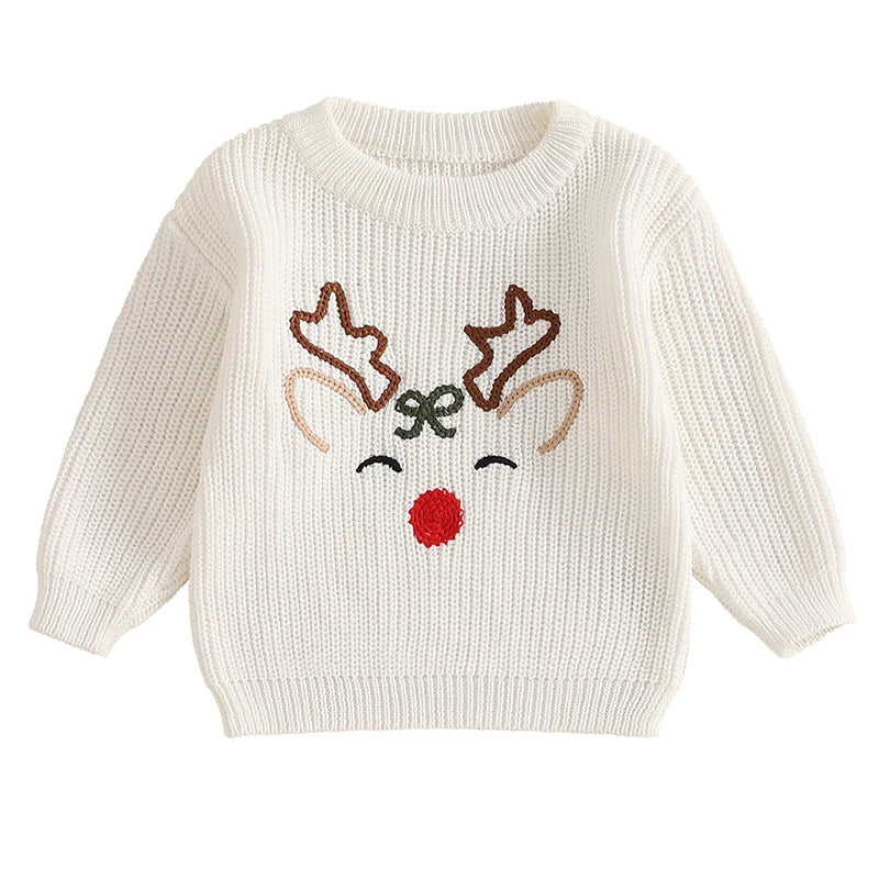 Newborn Baby Girls Boy Sweater Reindeer Embroidery Long Sleeve Pullover 2024 Fall Winter Baby Clothes Christmas Jumpers Top Neutral Baby Boutique