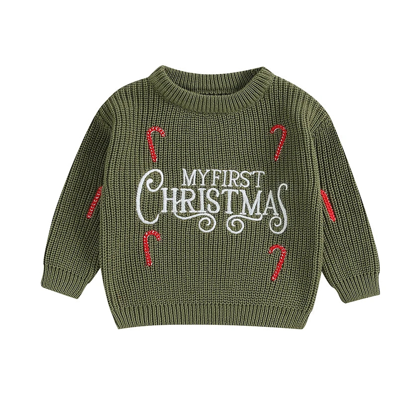 Newborn Baby Girls Boys Christmas Sweaters Long Sleeve Round Neck Candy Letter Embroidery Knit Pullovers Infant Jumper Tops Neutral Baby Boutique