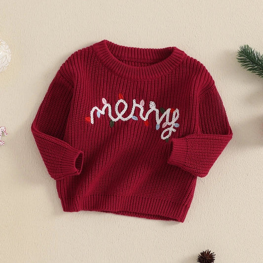 Toddler Christmas Sweaters Long Sleeve Letter Embroidery Knit Pullovers Kid Jumper Tops Neutral Baby Boutique