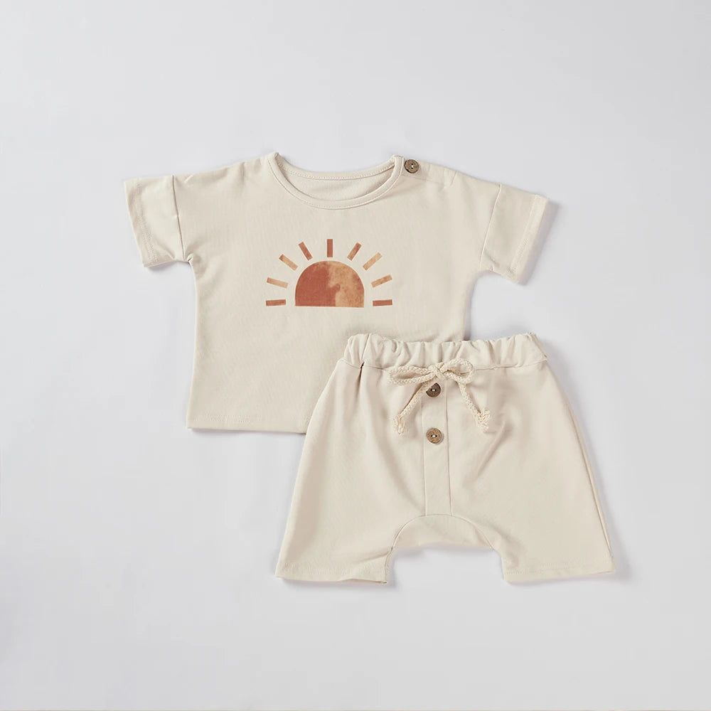 2Pcs Toddler Girl Clothes Set Organic Cotton Ice Cream White Baby Tee Baby Boy Clothing Set Childrens T-shirt+Shorts Pants Bebes Neutral Baby Boutique