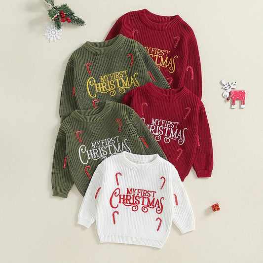 Newborn Baby Girls Boys Christmas Sweaters Long Sleeve Round Neck Candy Letter Embroidery Knit Pullovers Infant Jumper Tops Neutral Baby Boutique