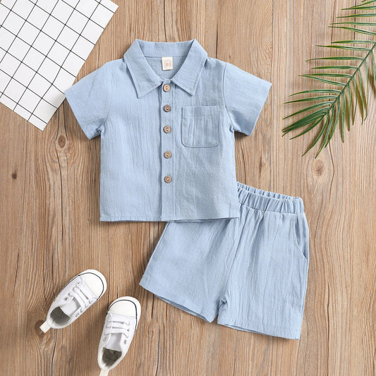 Toddler Baby Boys Clothes Set Summer Outfit Solid Color Short Sleeve Lapel Neck Shirt Top+Casual Shorts 6M-4Y Neutral Baby Boutique