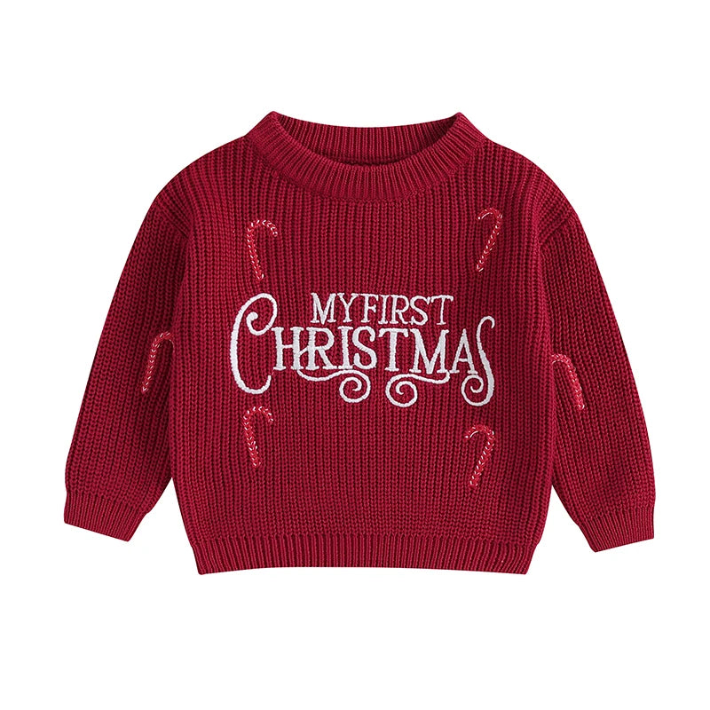 Newborn Baby Girls Boys Christmas Sweaters Long Sleeve Round Neck Candy Letter Embroidery Knit Pullovers Infant Jumper Tops Neutral Baby Boutique