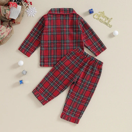 Christmas Kids Girls Boys Pajamas Set Loungewear Suit Plaid Button up Long Sleeve Shirt and Elastic Pants 2PCS Toddler Sleepwear Neutral Baby Boutique