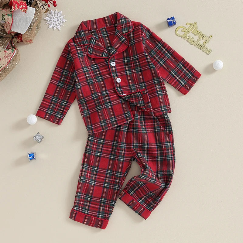 Christmas Kids Girls Boys Pajamas Set Loungewear Suit Plaid Button up Long Sleeve Shirt and Elastic Pants 2PCS Toddler Sleepwear Neutral Baby Boutique