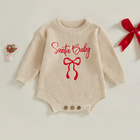 Pudcoco Baby Girl Christmas Romper Loose Fit Letter Bow Embroidery Ribbed Long Sleeve Infant Winter Sweater Neutral Baby Boutique