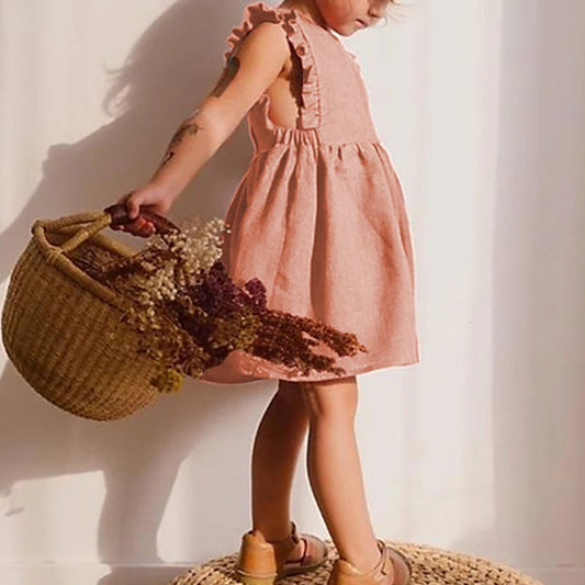 Girl Summer Lovely Dress 0-6Y Toddler Ruffle Sleeve Linen Cotton A-Line Party Dresses for Children Solid Casual Clothing Neutral Baby Boutique
