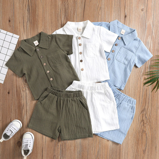 Toddler Baby Boys Clothes Set Summer Outfit Solid Color Short Sleeve Lapel Neck Shirt Top+Casual Shorts 6M-4Y Neutral Baby Boutique