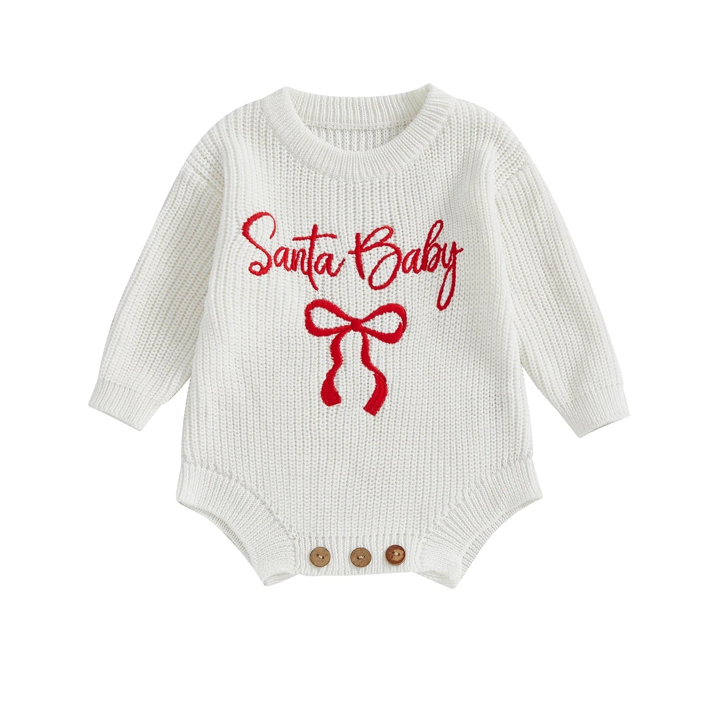 Pudcoco Baby Girl Christmas Romper Loose Fit Letter Bow Embroidery Ribbed Long Sleeve Infant Winter Sweater Neutral Baby Boutique