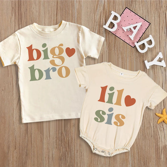 Big Brother Little Sister Printed Shirt Retro Sibling Matching Clothes Kids Short Sleeve T-shirt Tops Baby Large Bubbles Romper Neutral Baby Boutique