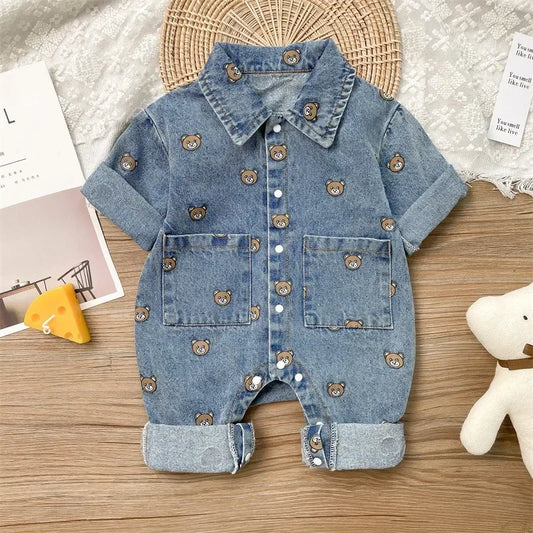 Korean Style Spring Autumn Baby Girl Boy Rompers Cartoon Bear Turn-down Collar Long Sleeve Denim Jumpsuit Newborn Clothes E2217 Neutral Baby Boutique