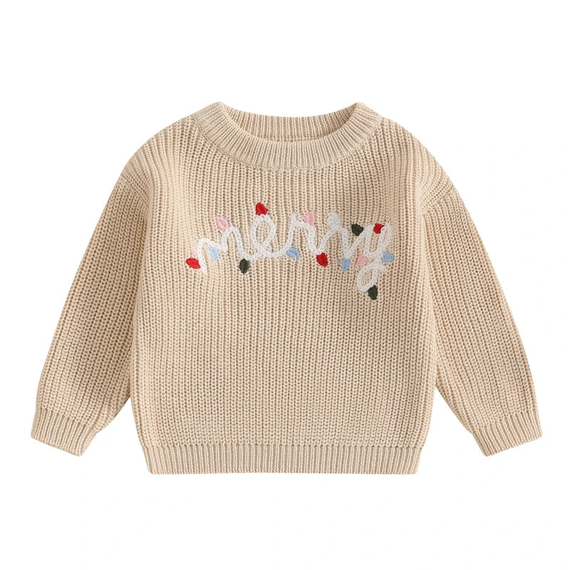 Toddler Christmas Sweaters Long Sleeve Letter Embroidery Knit Pullovers Kid Jumper Tops Neutral Baby Boutique