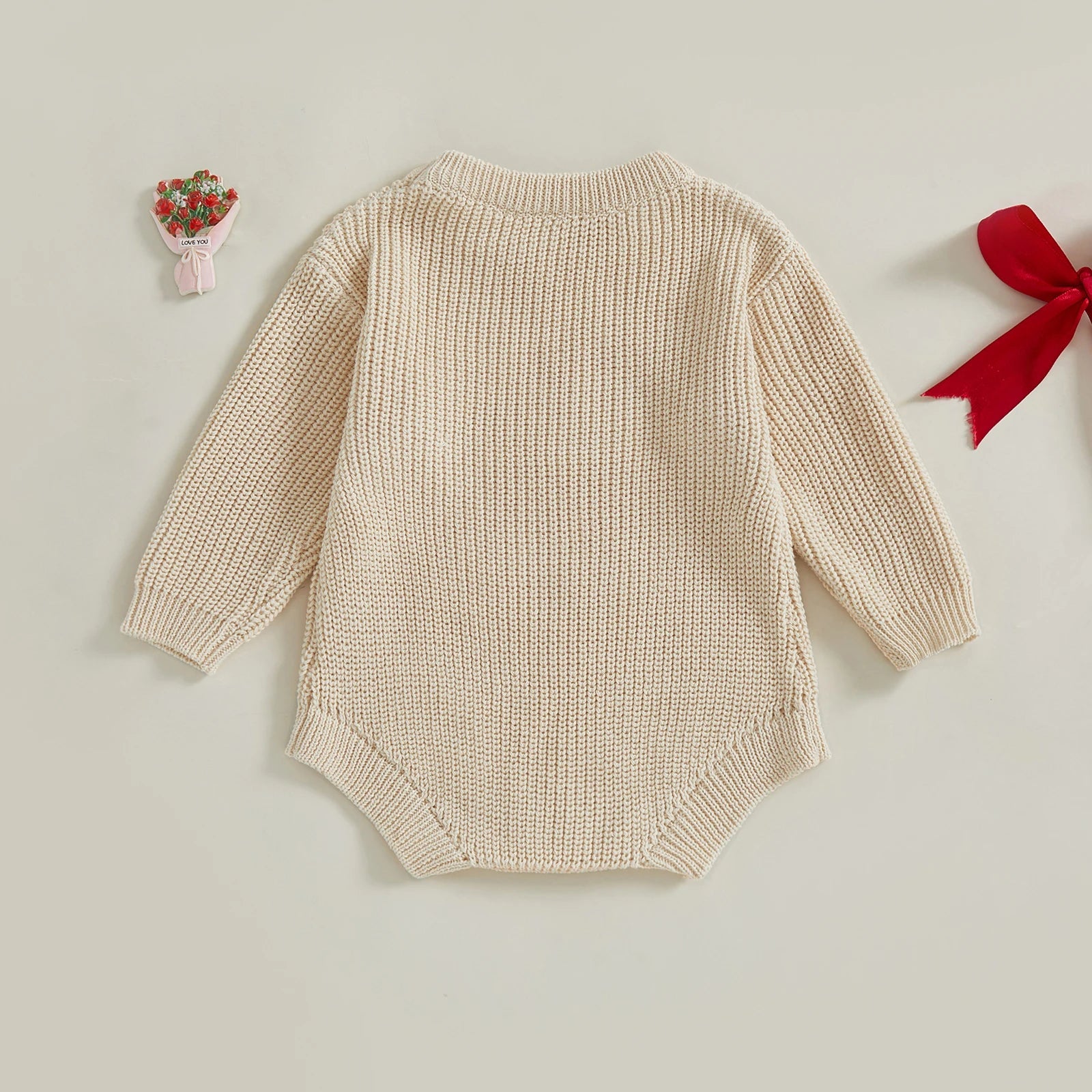 Pudcoco Baby Girl Christmas Romper Loose Fit Letter Bow Embroidery Ribbed Long Sleeve Infant Winter Sweater Neutral Baby Boutique