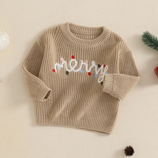 Toddler Christmas Sweaters Long Sleeve Letter Embroidery Knit Pullovers Kid Jumper Tops Neutral Baby Boutique