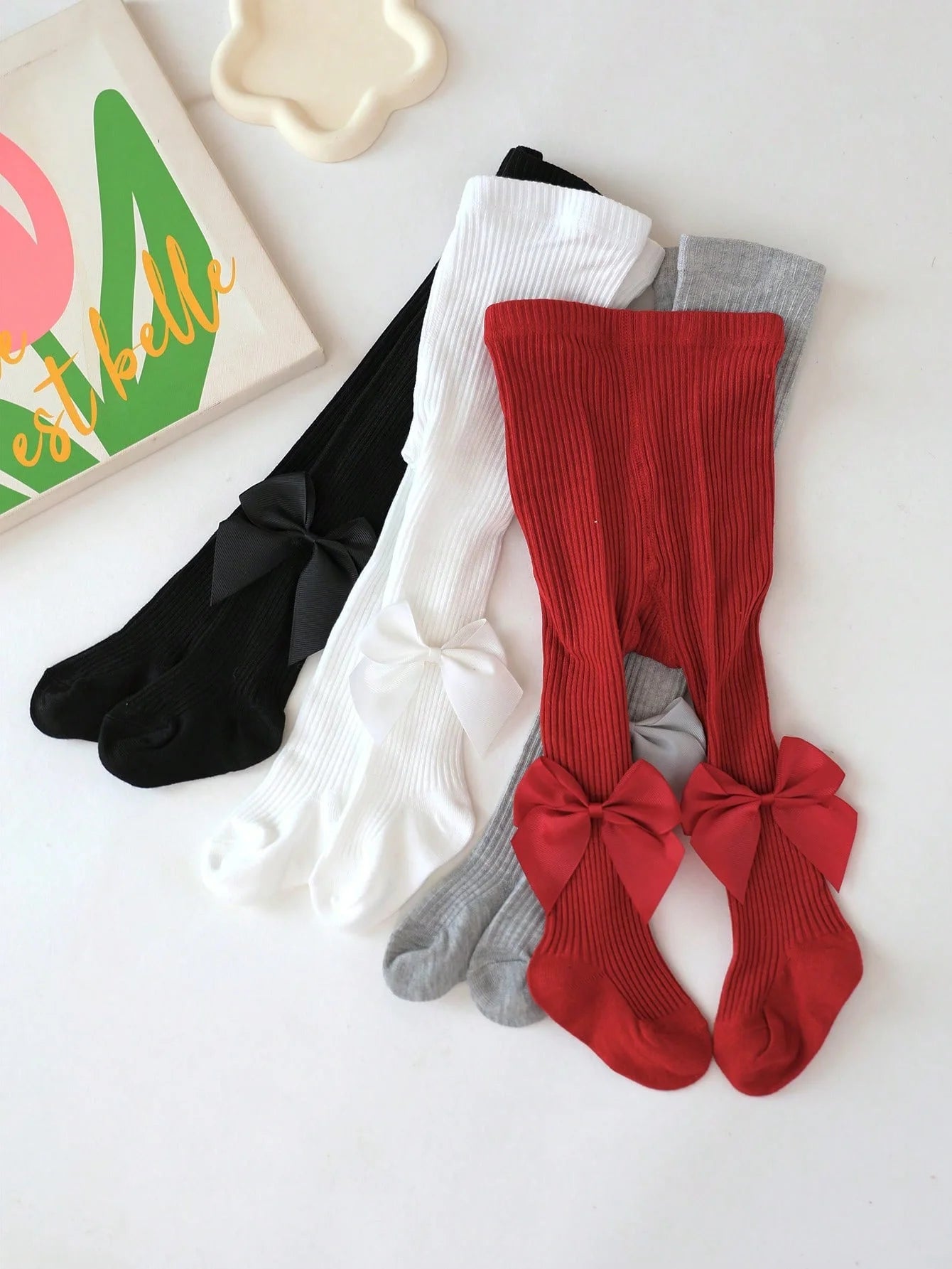 0-16Y Kids Tights with Side Bownots, Children's Cute Striped Knit Leggings Baby Girls Soft Stockings Anty-Slip Pants for Toddlers Neutral Baby Boutique