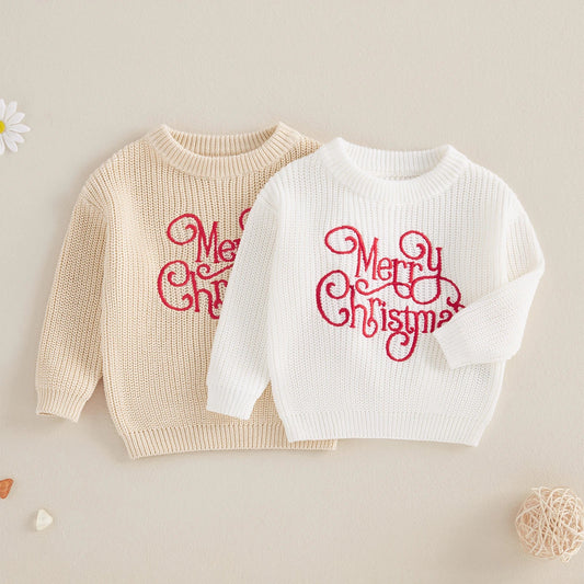 MISOWMNJOY Merry Christmas Baby Knit Sweater Winter Warm Boy Girl Jumper Clothes Letter Embroidery Long Sleeve Kid Pullover Tops Neutral Baby Boutique