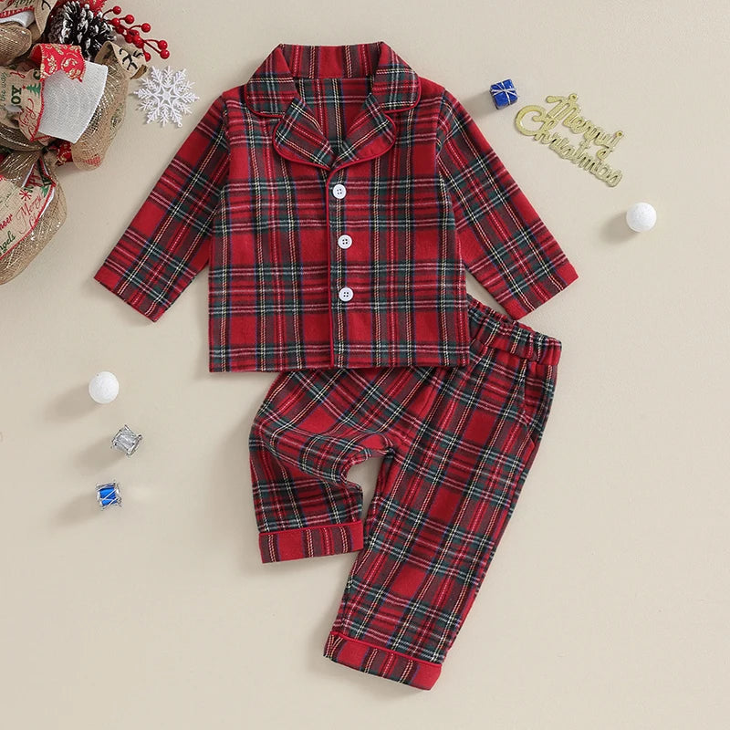 Christmas Kids Girls Boys Pajamas Set Loungewear Suit Plaid Button up Long Sleeve Shirt and Elastic Pants 2PCS Toddler Sleepwear Neutral Baby Boutique