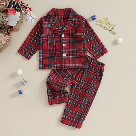 Christmas Kids Girls Boys Pajamas Set Loungewear Suit Plaid Button up Long Sleeve Shirt and Elastic Pants 2PCS Toddler Sleepwear Neutral Baby Boutique