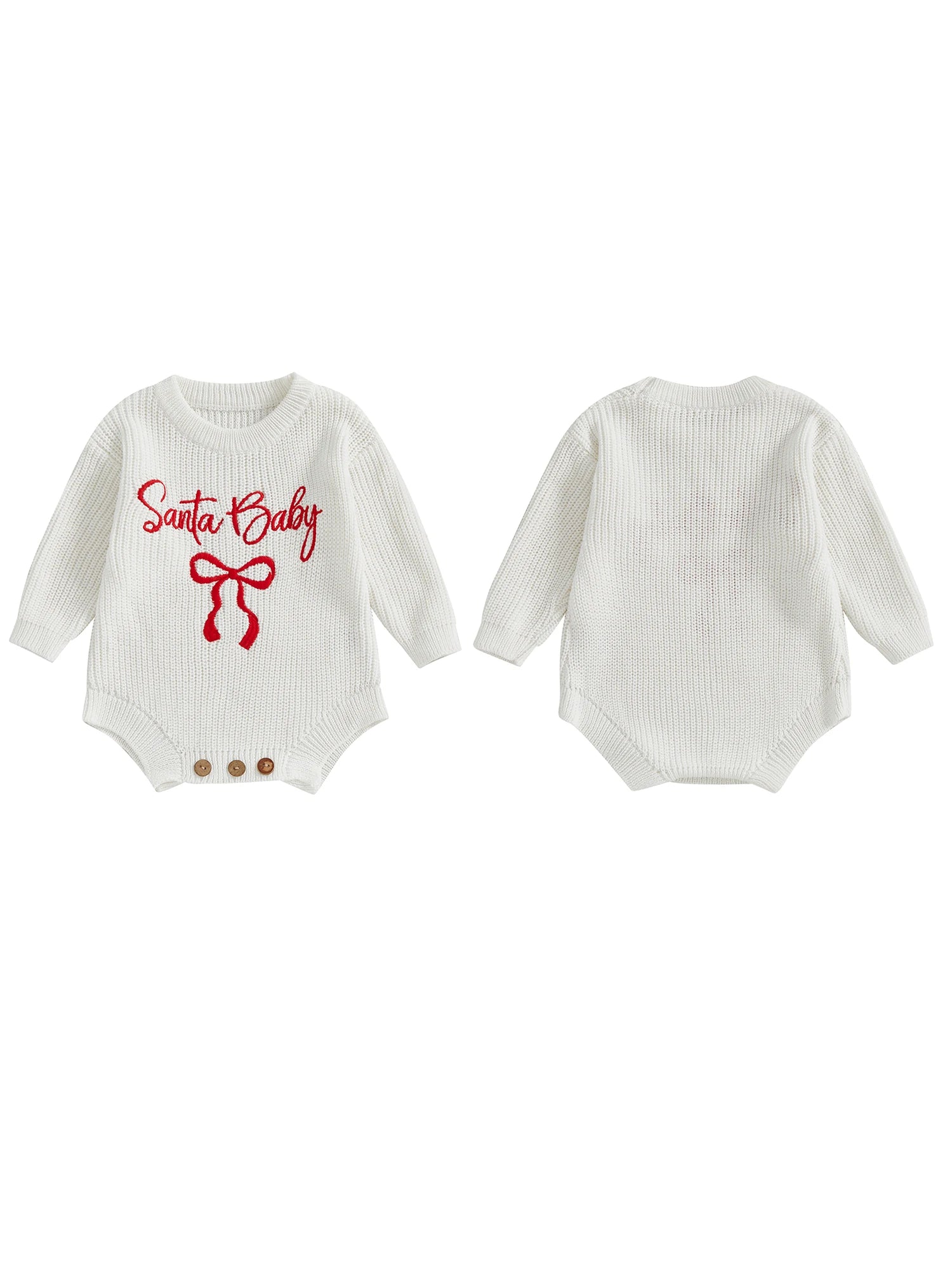 Pudcoco Baby Girl Christmas Romper Loose Fit Letter Bow Embroidery Ribbed Long Sleeve Infant Winter Sweater Neutral Baby Boutique