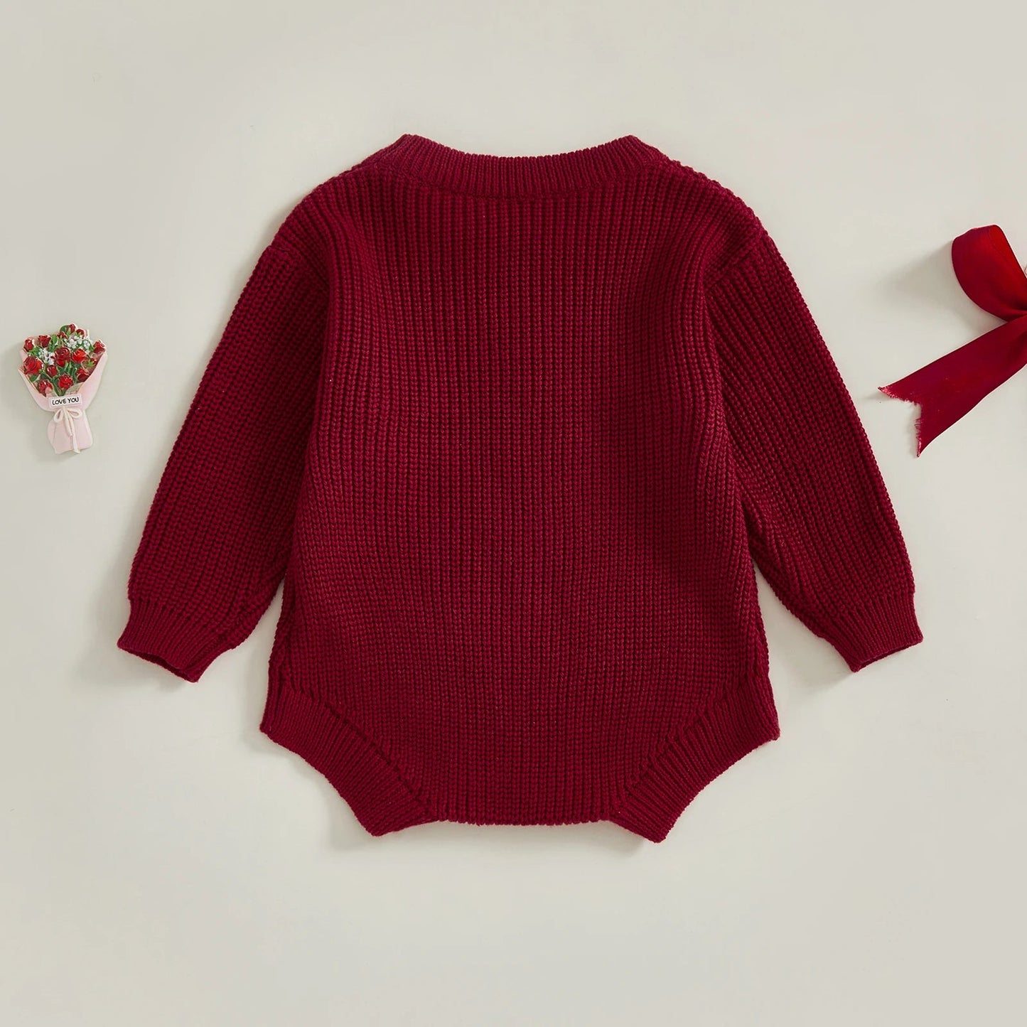 Pudcoco Baby Girl Christmas Romper Loose Fit Letter Bow Embroidery Ribbed Long Sleeve Infant Winter Sweater Neutral Baby Boutique