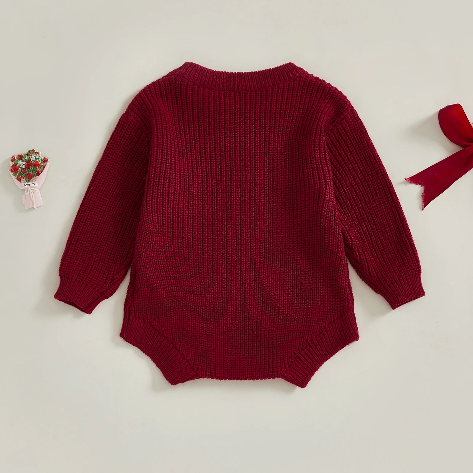 Pudcoco Baby Girl Christmas Romper Loose Fit Letter Bow Embroidery Ribbed Long Sleeve Infant Winter Sweater Neutral Baby Boutique